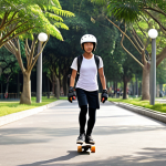 **Prompt:** A diverse individual, wearing a modern, stylish, and robust helmet, elbow pads, knee pads, and wrist guards, dynamically gliding on a skateboard through a clean, well-maintained urban park pathway under bright daylight. The skater is looking confident and in control, embodying the importance of safety and personal responsibility. Subtle hints of a Southeast Asian urban environment in the background (e.g., specific tree types, architecture style). Realistic, high-resolution, wide shot.