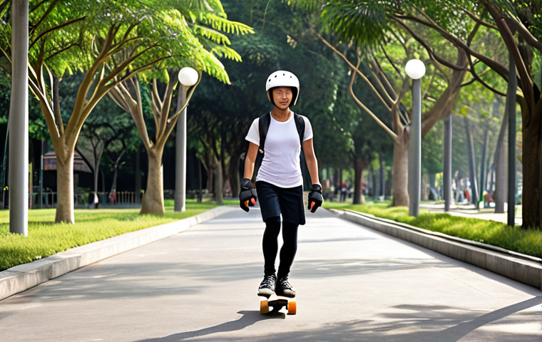 **Prompt:** A diverse individual, wearing a modern, stylish, and robust helmet, elbow pads, knee pads, and wrist guards, dynamically gliding on a skateboard through a clean, well-maintained urban park pathway under bright daylight. The skater is looking confident and in control, embodying the importance of safety and personal responsibility. Subtle hints of a Southeast Asian urban environment in the background (e.g., specific tree types, architecture style). Realistic, high-resolution, wide shot.