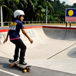 **Image:** A vibrant skate park scene in Malaysia. Teenagers wearing helmets and safety gear are skateboarding. In the background, a sign displays "Utamakan Keselamatan" (Prioritize Safety) in bold letters, with the Jalur Gemilang (Malaysian flag) subtly incorporated.