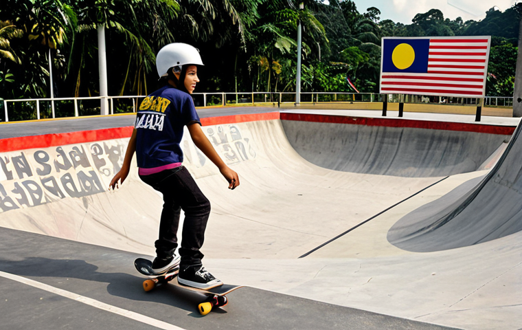 **Image:** A vibrant skate park scene in Malaysia. Teenagers wearing helmets and safety gear are skateboarding. In the background, a sign displays "Utamakan Keselamatan" (Prioritize Safety) in bold letters, with the Jalur Gemilang (Malaysian flag) subtly incorporated.