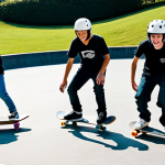 스케이트 금지 구역 - "A group of teenagers skateboarding in a designated skate park, wearing helmets and pads, fully clot...