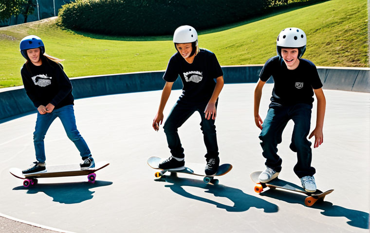 스케이트 금지 구역 - "A group of teenagers skateboarding in a designated skate park, wearing helmets and pads, fully clot...